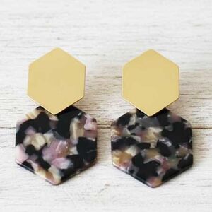 2/$21 Black Ladies Hexagon Multi Color Print Earrings